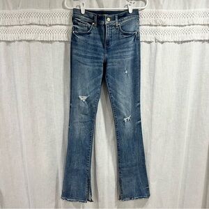 Express Skyscraper Mid Rise Distressed Split Leg Jeans